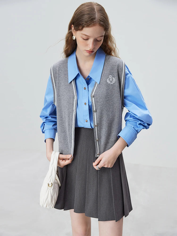 FSLE Simple Style All-match Gray Knitted Cardigan Coat Vests for Women Autumn Clothing 2023 New Vest Two-piece Suit Female