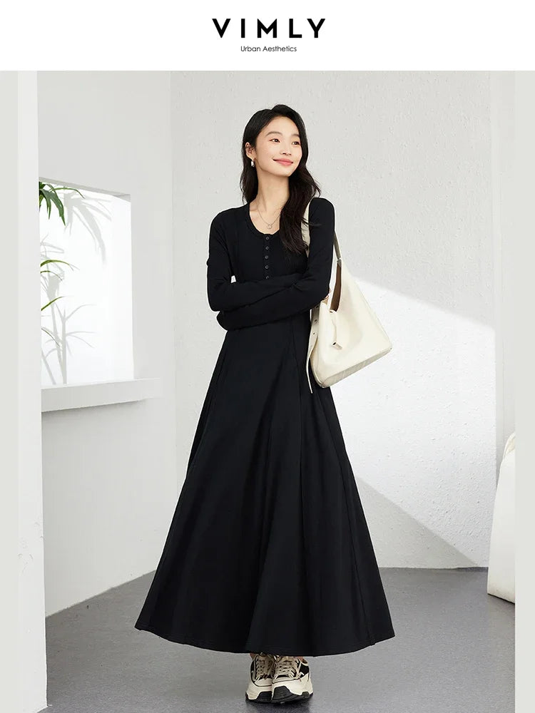 VIMLY Women's Simple Elegant Dress Autumn Semi Open Neck Waisted Pullover Knit Long Dress Casual Office Lady Versatile Dress