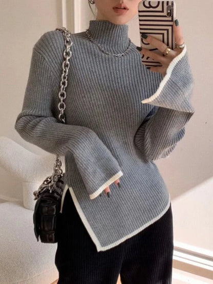 QWEEK 2024 Autumn Elegant Sweater Women Korean Old Money Style Slim Contrast Color Jumper Autumn Winter Casual Knitwear Tops