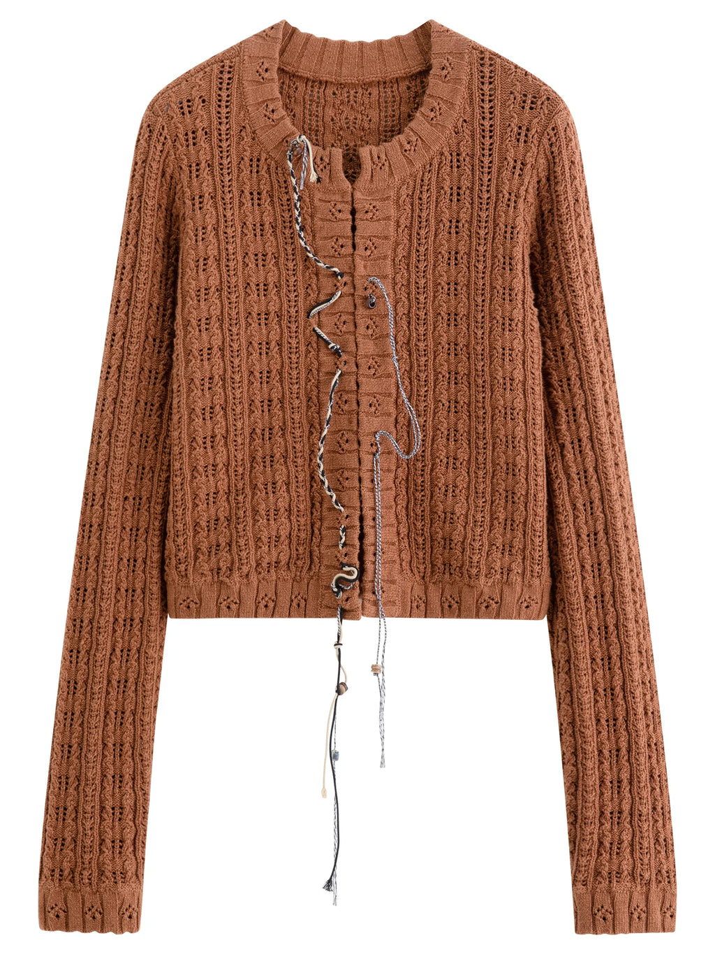 FSLE【Premium Series】New Women Vintage Cable Knit Sweater Hollow-Out Cropped Top Autumn Retro Pullover Cozy Cardigan Loungewear