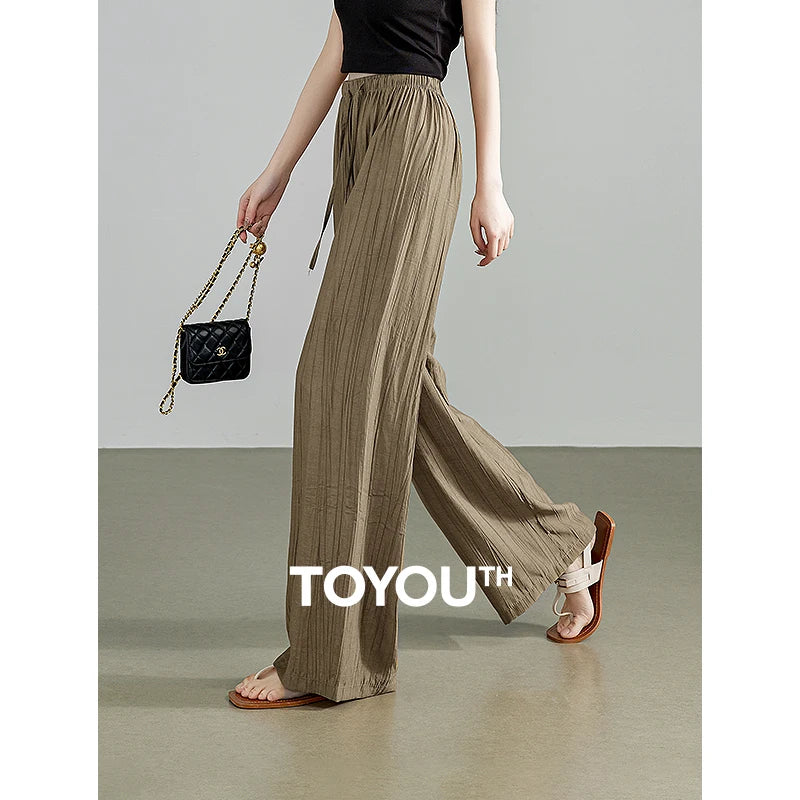 TOYOUTH Women Casual Pants 2024 Summer New Wrinkle Pattern Lazy Style Elastic Waist Stright Wide Leg Yamamoto Pants
