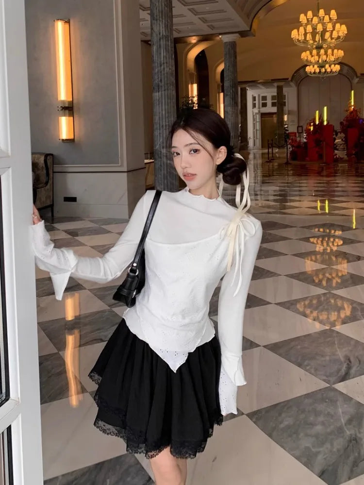 Korobov Fake Two Pieces Long-sleeved T-shirt Women Base Tops Design Early Spring New Y2k Tees Korean Fashion Ropa De Mujer