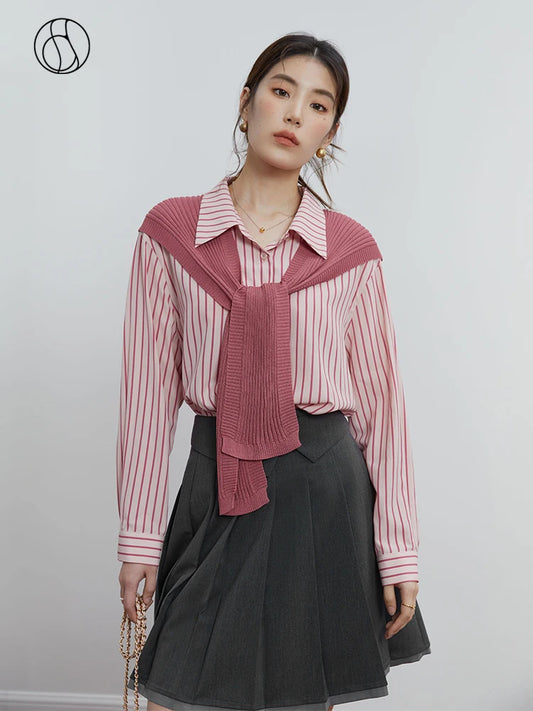 DUSHU Commuter Style Detachable Shawl Retro Striped Shirt for Female Autumn New Personality Fashionable Top Shirt Women