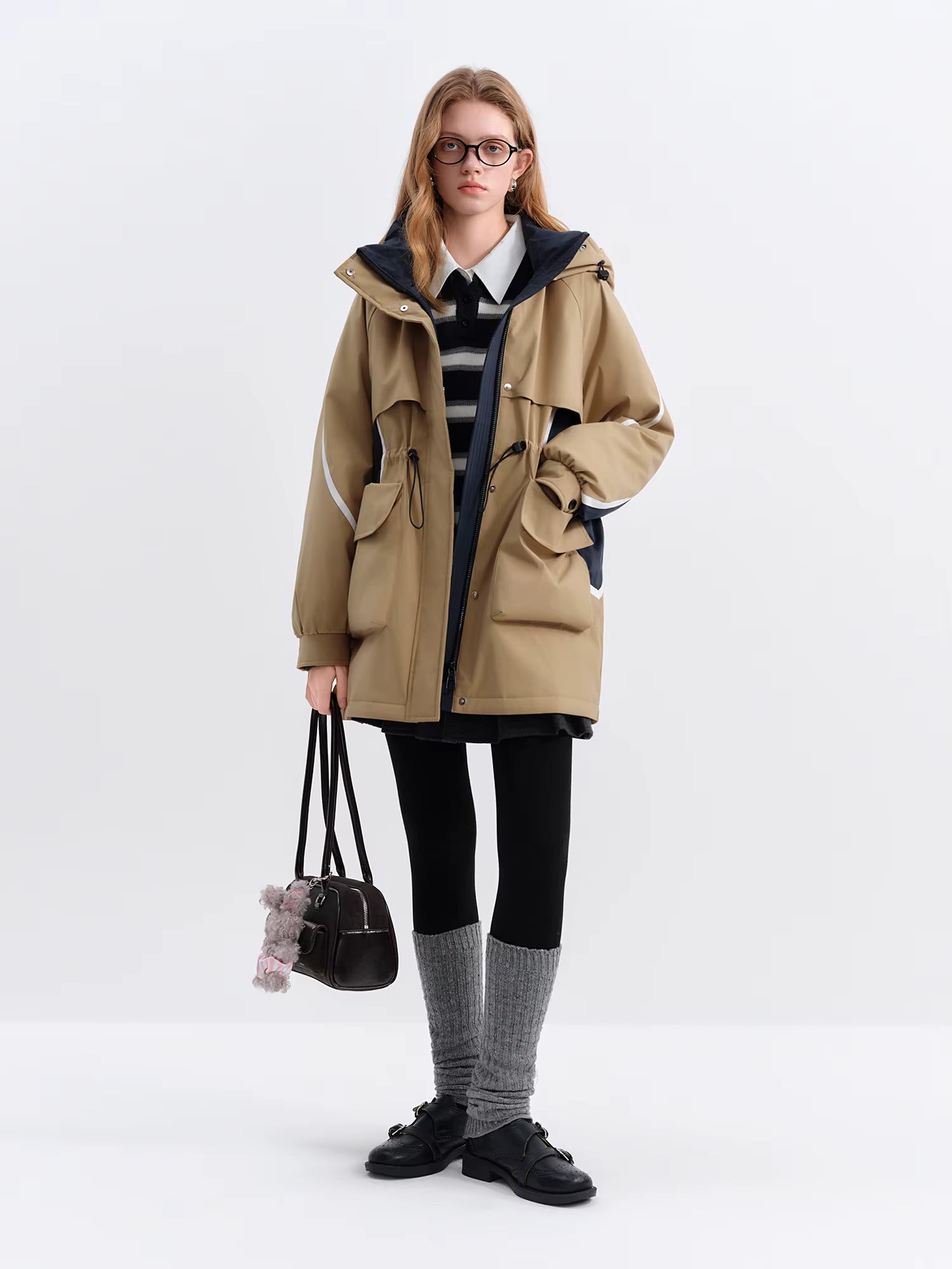 Autumn Winter Women's Stand Collar Hooded Color Block Puffer Coat Retro Belted Waist Down Jacket Vintage Parka Coats