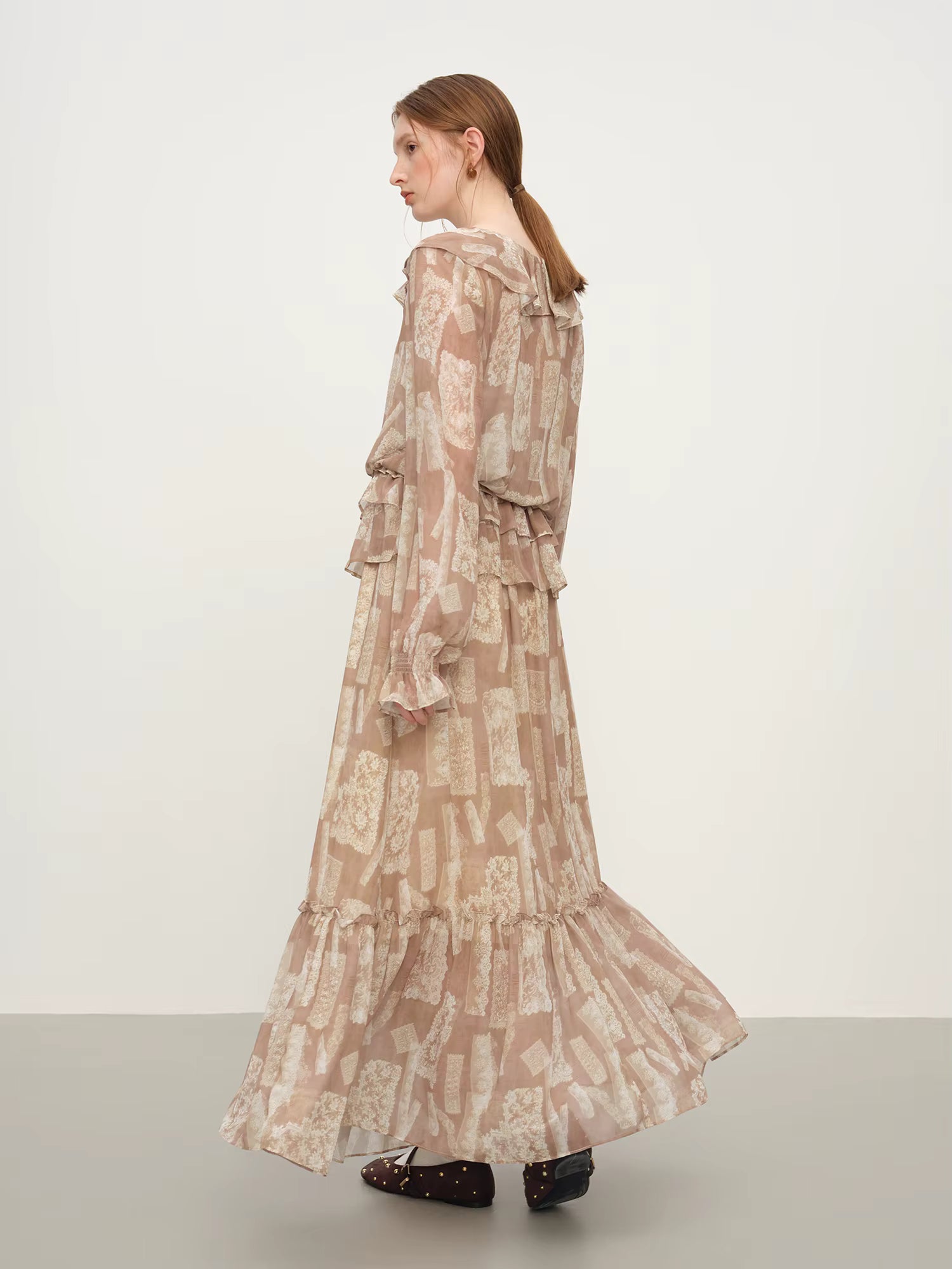 Party Dress Set Bohemian Style Elegant Ruffled Printed Long-sleeved Shirt Skirt Set for Women Winter Fairy Sundress