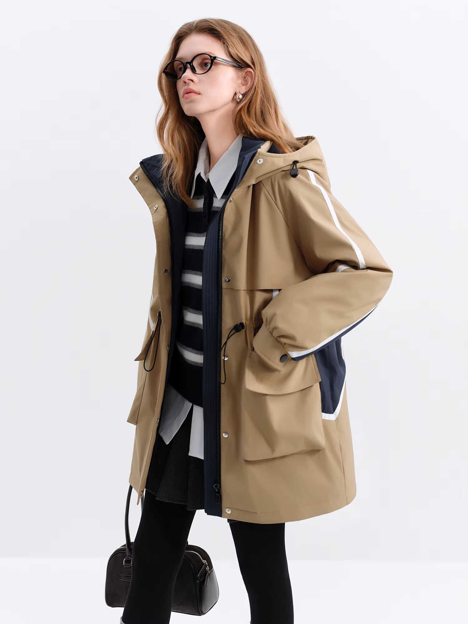Autumn Winter Women's Stand Collar Hooded Color Block Puffer Coat Retro Belted Waist Down Jacket Vintage Parka Coats