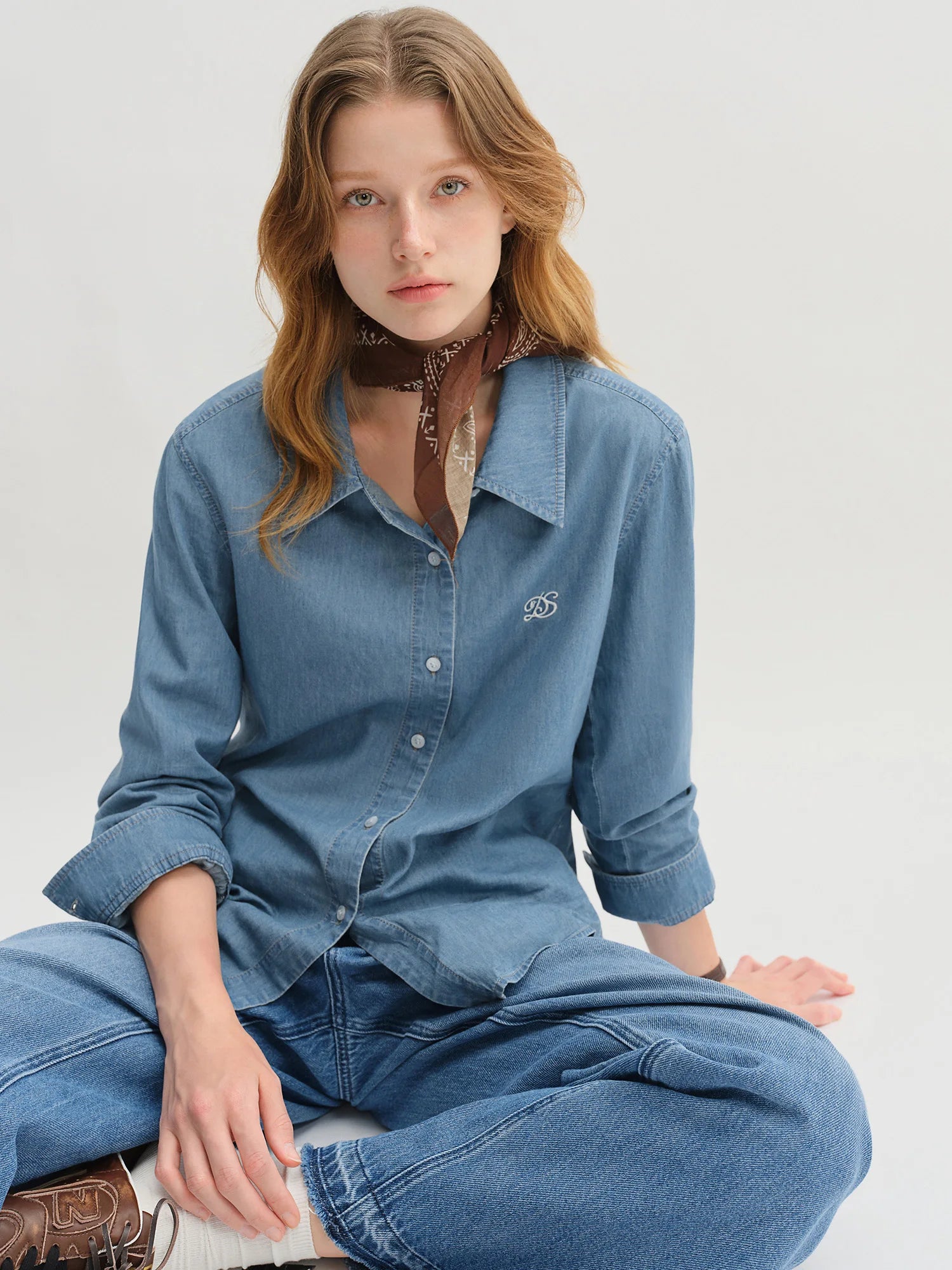 DUSHU Plus Size Double Collar Design Denim Shirt For Women 2025 New Arrival Autumn French Style Top