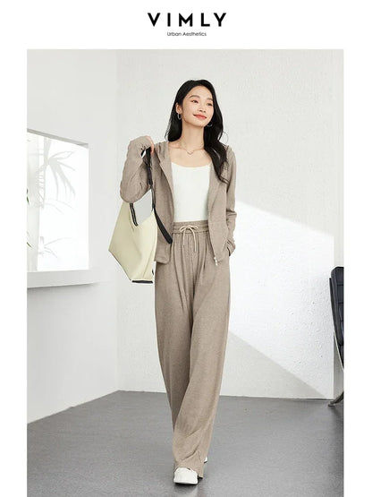 VIMLY Women's Simple Sporty Pant Sets Autumn Hooded Top Thin Jacket+Wide Leg Pants Office Lady Tracksuit 2Pcs Set Casual Clothes