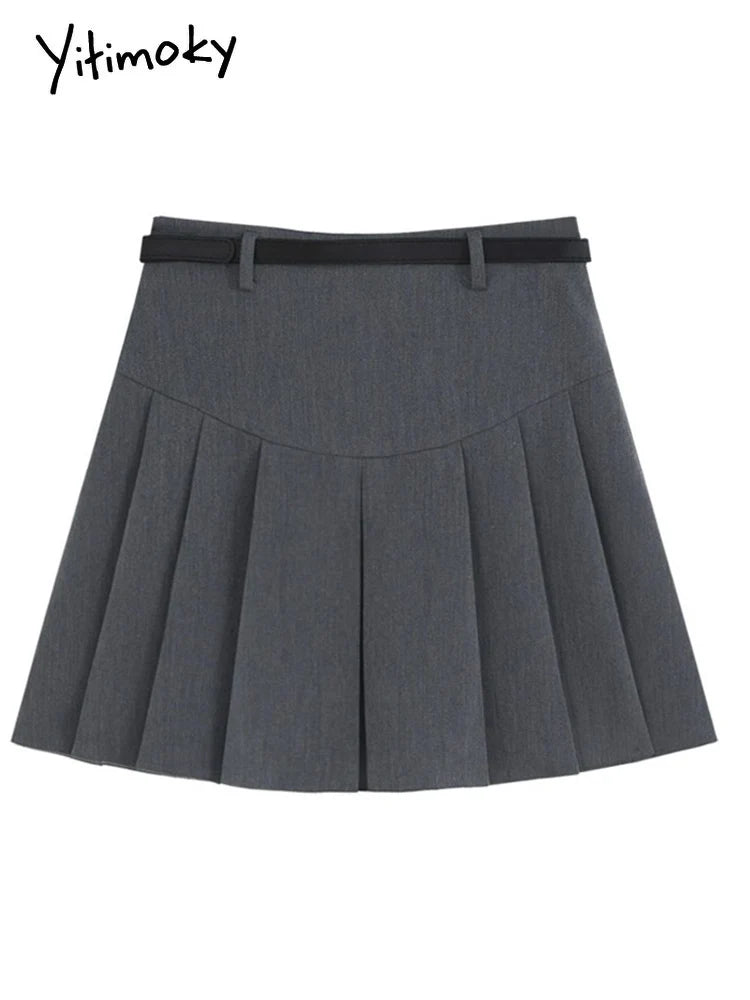 Yitimoky Chic Pleated Skirts for Women High Waisted Gray Black  Fashion Solid Mini Skirts Spring Summer A Line Skirt with Belt