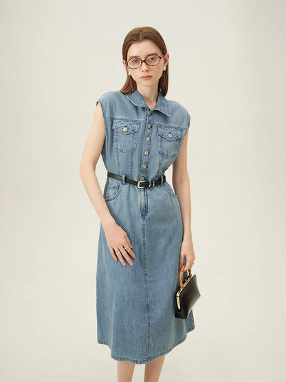 FSLE French Retro Cotton Sleeveless Denim Casual Straight Dress For Women 2024 Summer New Arrival Chic Style Dress 24FS12180