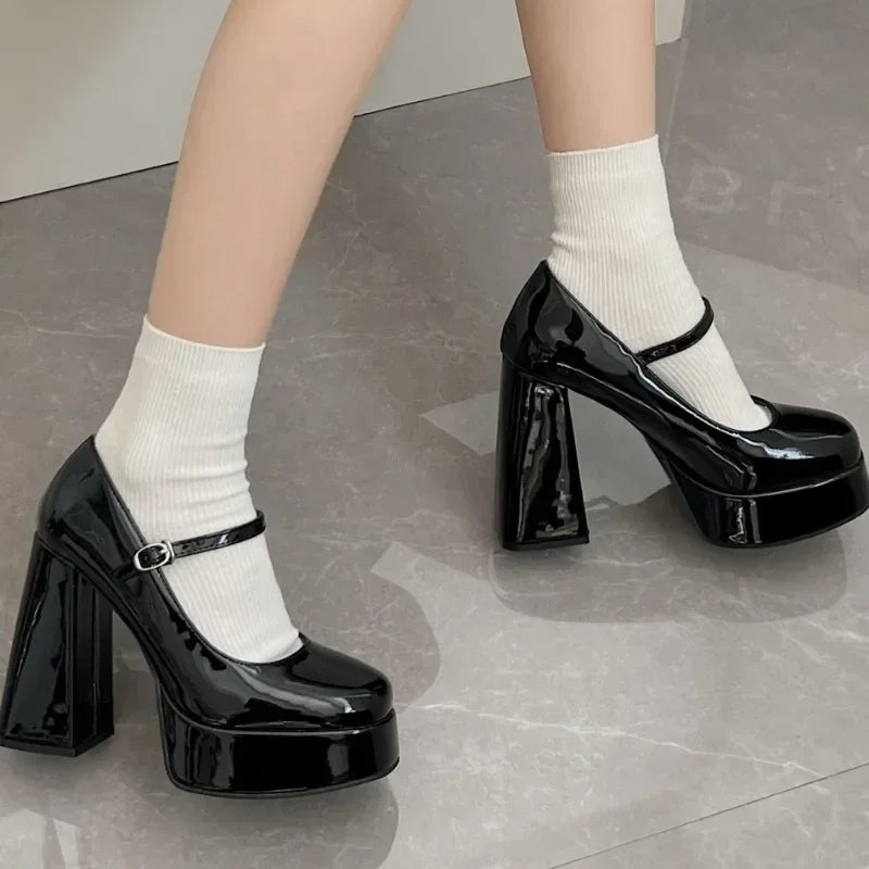 Autumn Women's High Heels Lolita Mary Jane Thick Sole Party High Heels Women's Sandals Patent Leather Pumps Women's Shoes 2024
