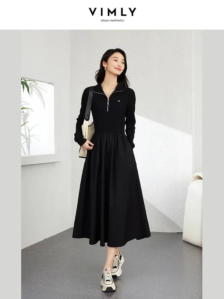 VIMLY Women's Solid Patchwork Simple A-Line Dresses Semi High Neck Long Sleeve Waisted Office Lady Minimalist Temperament Dress