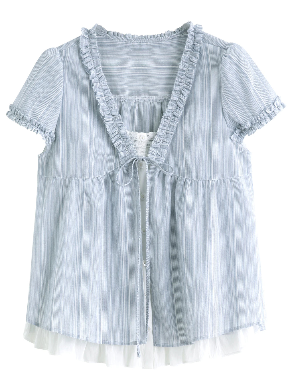 DUSHU Ruffled Fake Two-piece Shirt 2025 Summer New Striped Blue Top Shirt