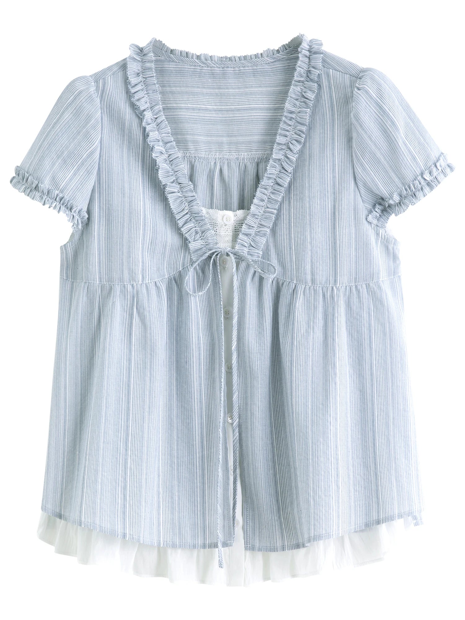 DUSHU Ruffled Fake Two-piece Shirt 2025 Summer New Striped Blue Top Shirt