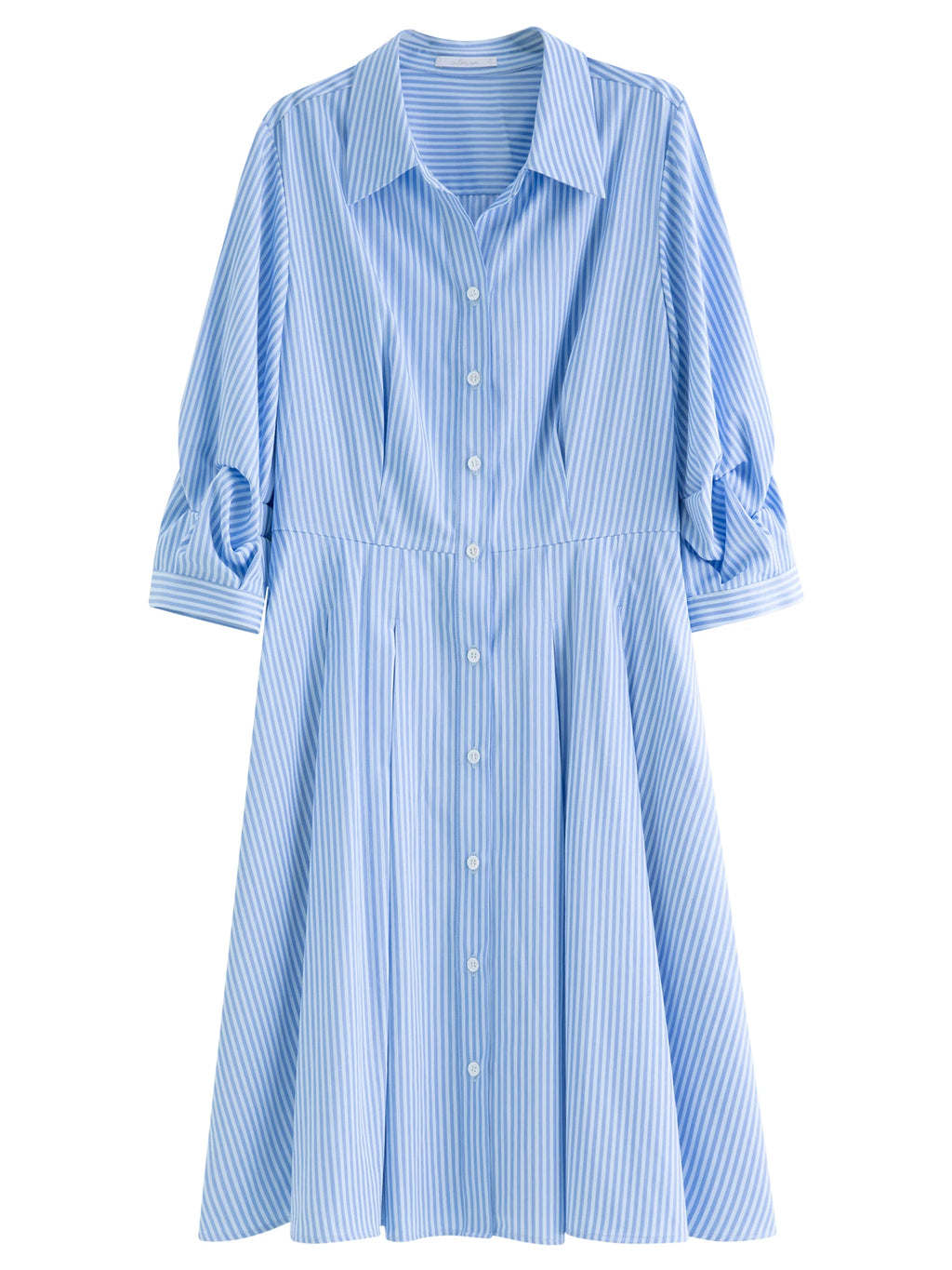 DUSHU Blue and White Striped Design Pleated Three-quarter Sleeve Waist Shirt Dress 2025 Autumn