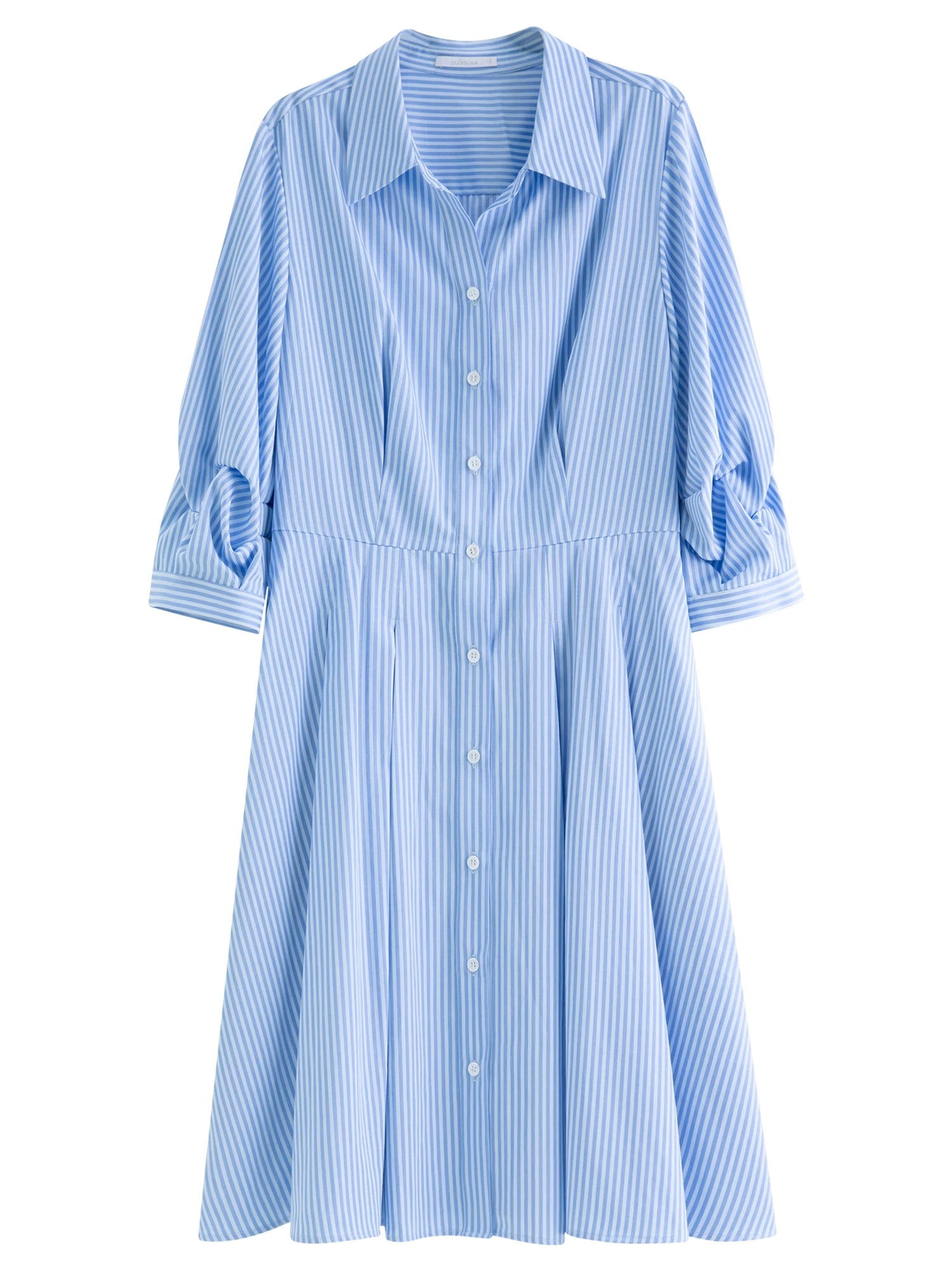 DUSHU Blue and White Striped Design Pleated Three-quarter Sleeve Waist Shirt Dress 2025 Autumn