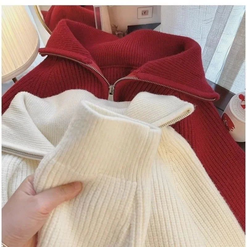 Thickened Knit 2024 New Sensibility Zipper Up Loose Fit Slimming Lapel Sweater Top For Women Autumn/Winter Age-Reducing Design