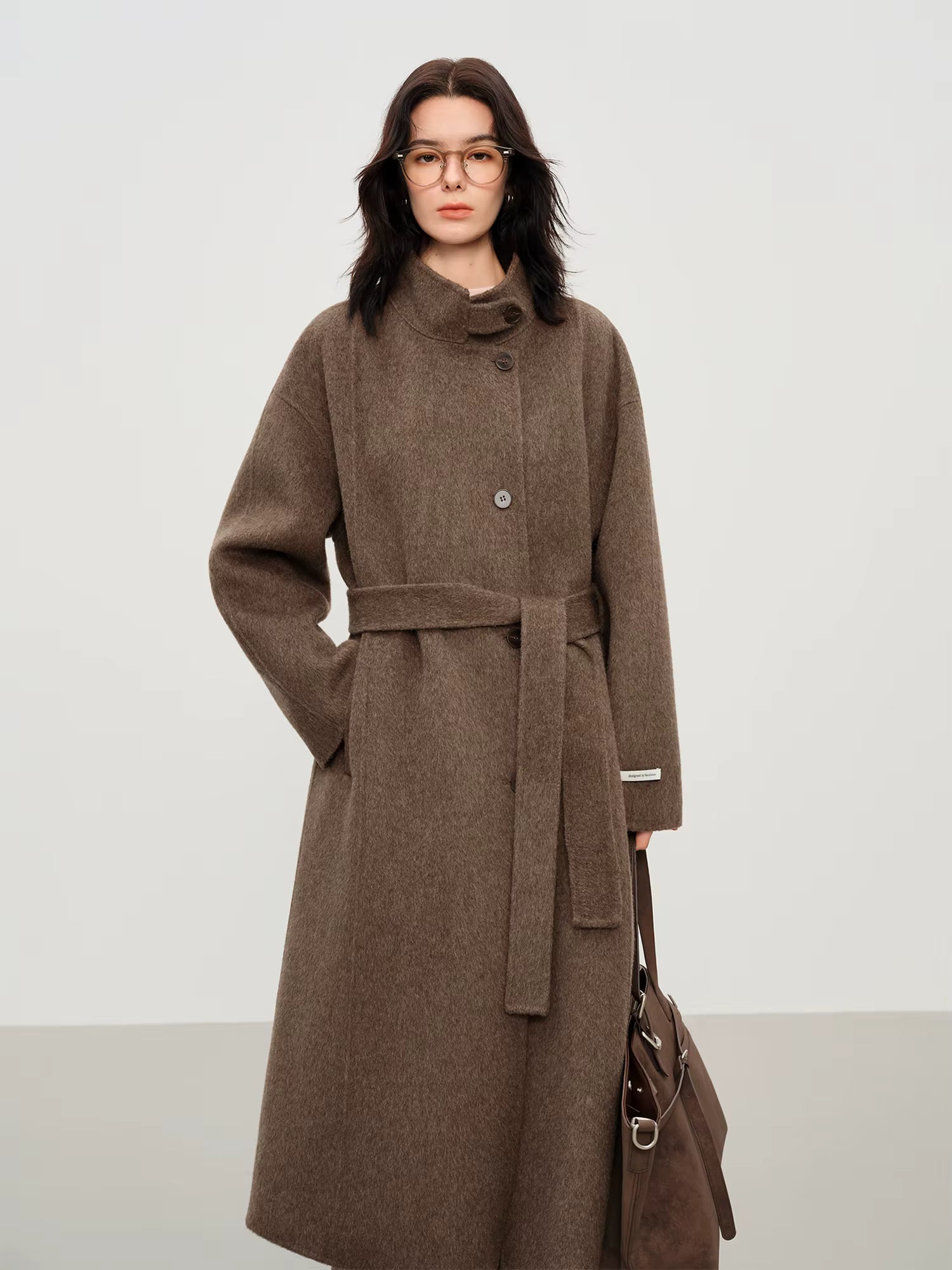 2025 New Women's Elegant Stand Collar 100% Wool Double-Faced Long Coat Diamond-Shaped Tailoring Autumn Winter Outerwear