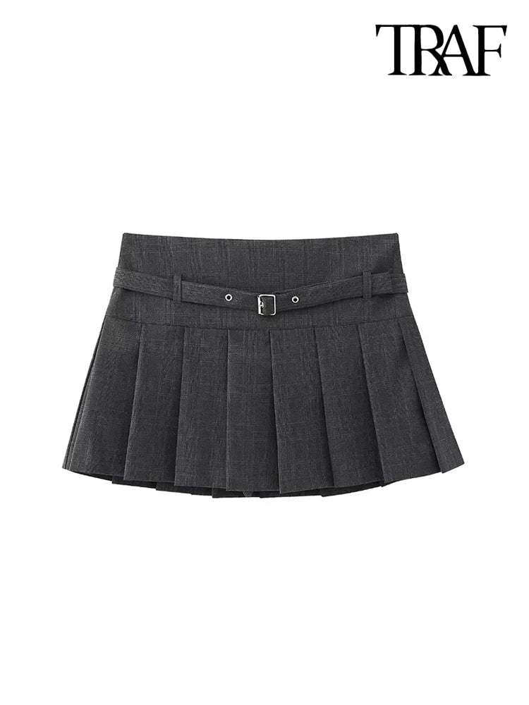 TRAF-Pleated Shorts Skirts for Women, With Belt,Side Zipper, Mid Waist, Female Skort,Fashion