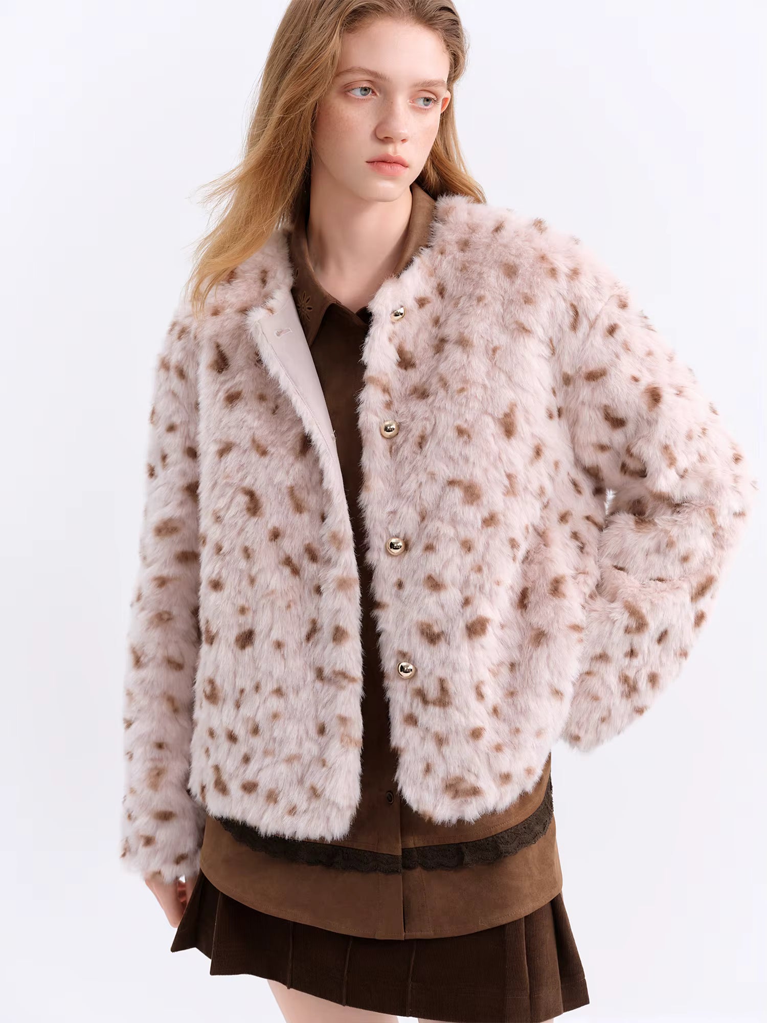Chestnut Brown Leopard Print Women Faux Fur Stylish A-Line Trench Coat Fall Winter 2025 New Arrival Cozy Winter Essentials