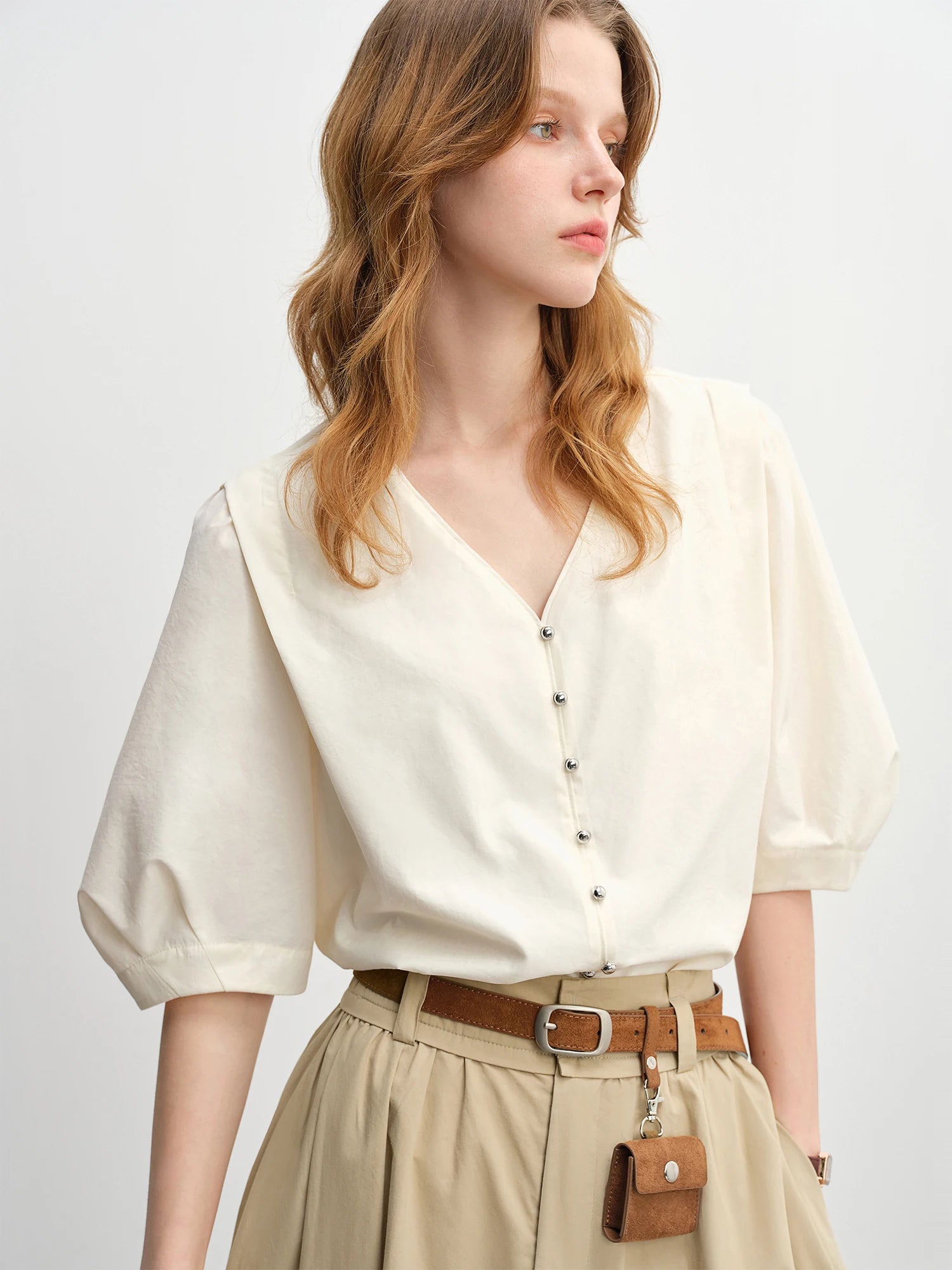 DUSHU V-neck Blouse Half Sleeve Solid Simple Ins Korean Style 2025 Autumn New Fashion Commuting All-match Slim Tops