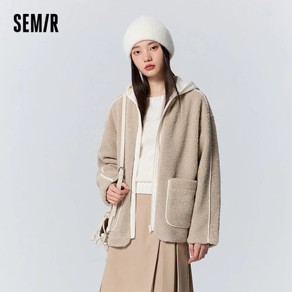 Semir Coat Women Hooded Splicing 2024 New Winter Retro Imitation Lamb Wool Loose Jacket