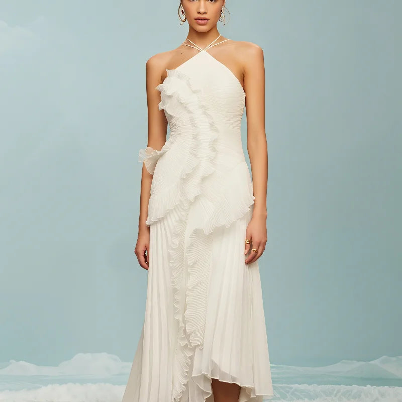 Chic pleated halter neck Lotus Edge Maxi Dress