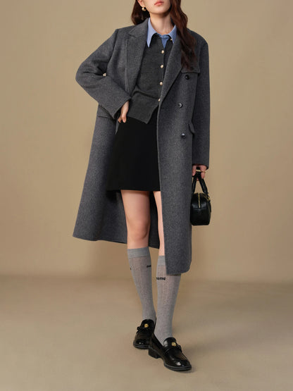 DUSHU Women's Winter New Bump Collar Double-breasted Jacket 2024 Winter New Versatile Casual Fashion Long Tweed Coat 24DS84137