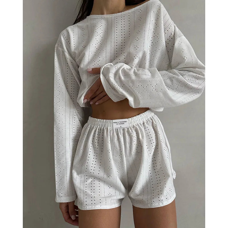 Women's Pajamas Set Spring Long Sleeve Tops With Shorts Sleepwear 2 Piece Set Loose Round Neck Home Wear Loungewear Pyjama Femme