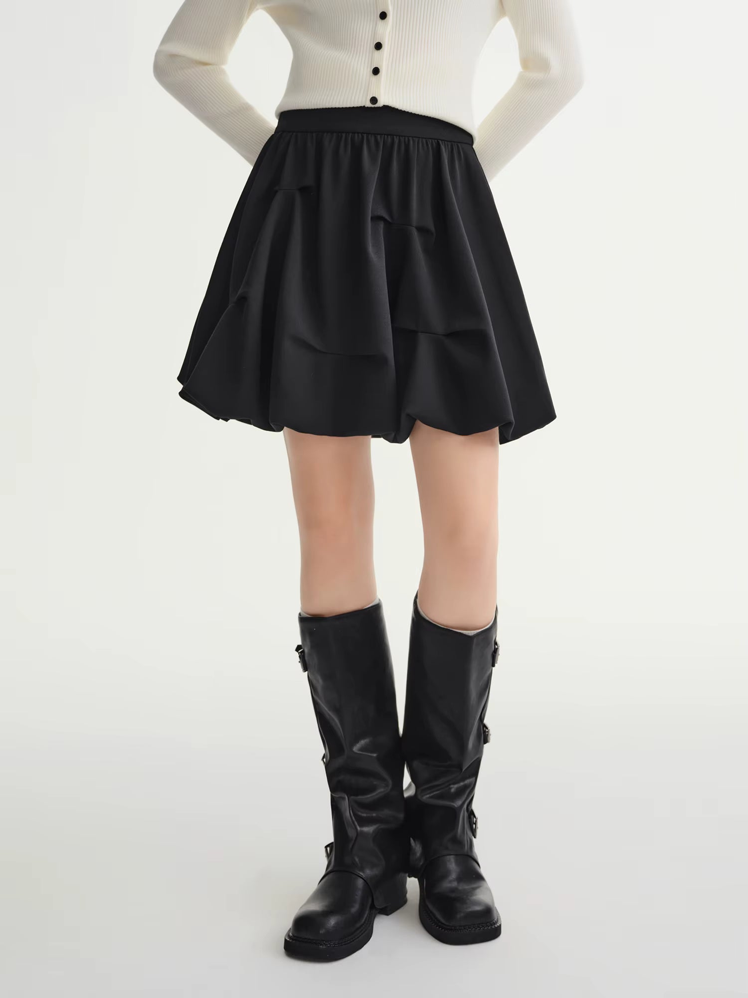 Puffy Pleated Bud Skirt Sets Women Long Sleeve Slim Cardigans 2025 Winter New Mini Skirt Simple Clean Fit Sweet Girlish