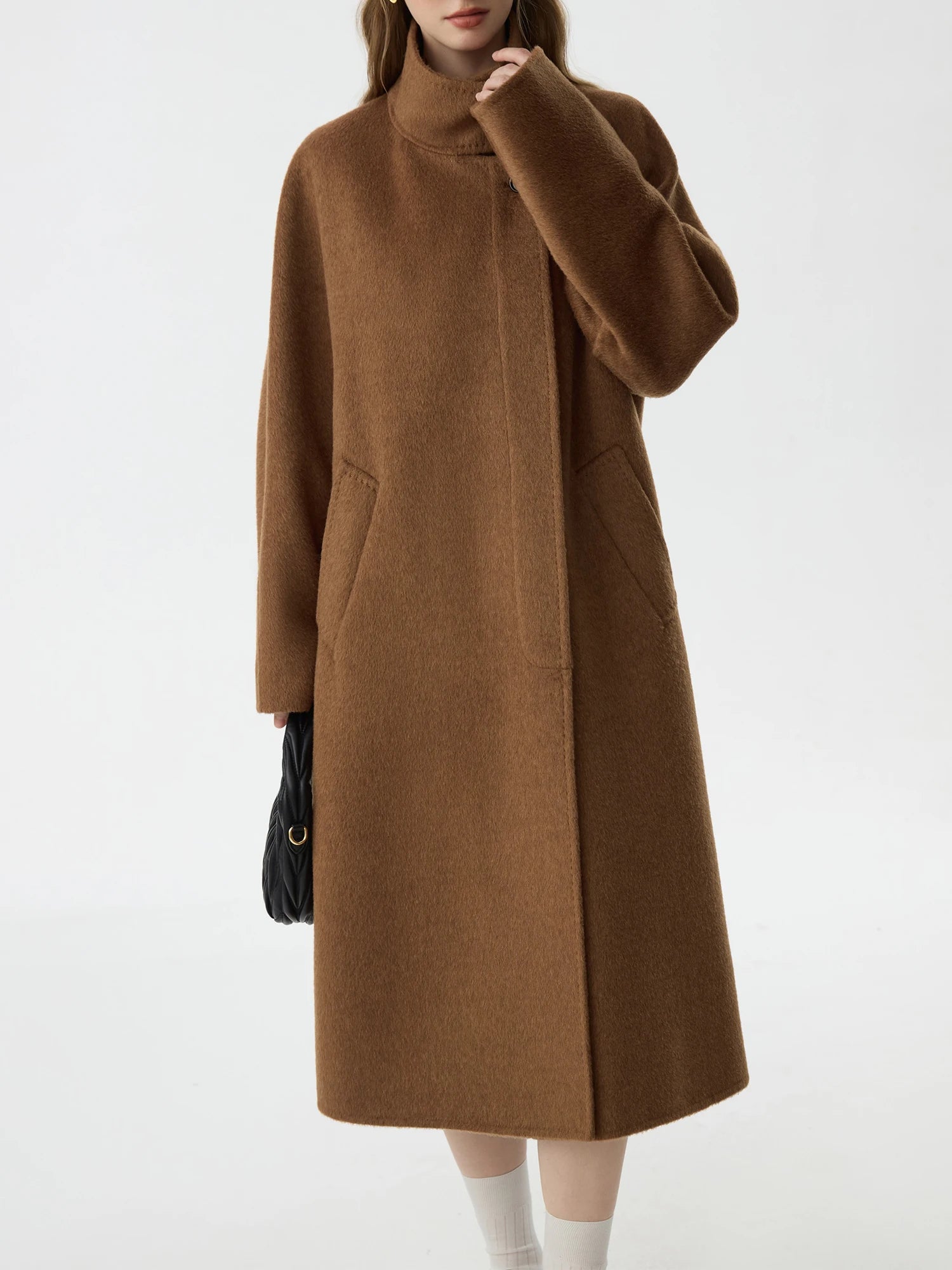 FSLE Office Lady Elegant Standing Collar Double-sided Woolen Coat for Women's Winter 2024 New Camel Fur Woolen Coat 24FS14211