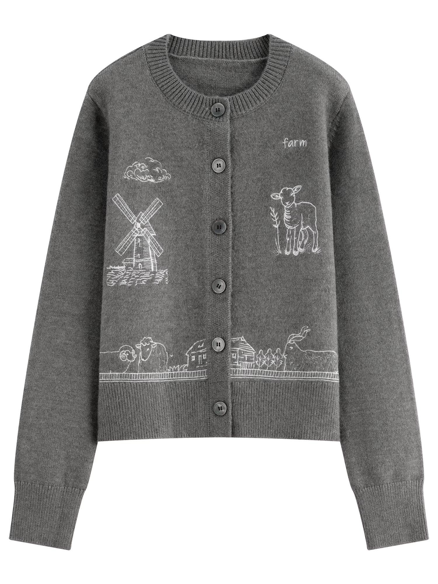 Contrast Color Embroidered Knitted Sweater for Women 2025 Winter New Cute Round Neck Knitted Cardigan