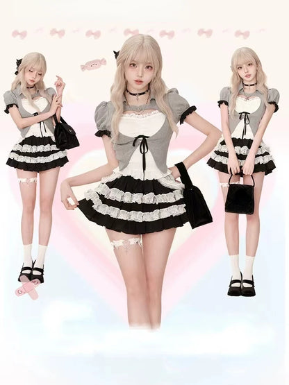 Japanese Style Kawaii 3 Piece Skirt Sets Women Sweet Tops + Casual Slim Vest + Cute Lace Mini Skirt 2000s Fashion Suit Hot Girls