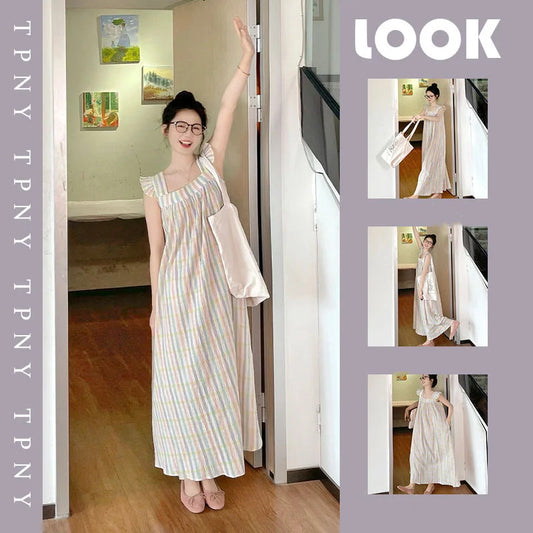 New Korean Style Sweet Pajamas Dress Spagehtti Strap Long Nightgown Home Clothing Female Cute Colorful Striped Loungewear