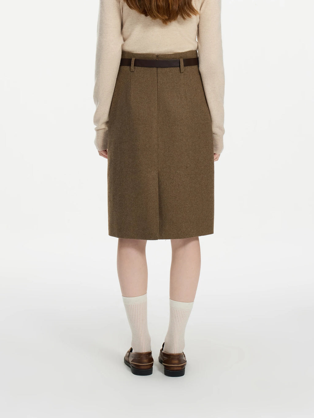 FSLE 23.7% Wool Women Skirts Side Zipper Waist Female Winter Brown Knee-Length Thick Skirt Back Spilt Women Grey Skirt 24FS14464