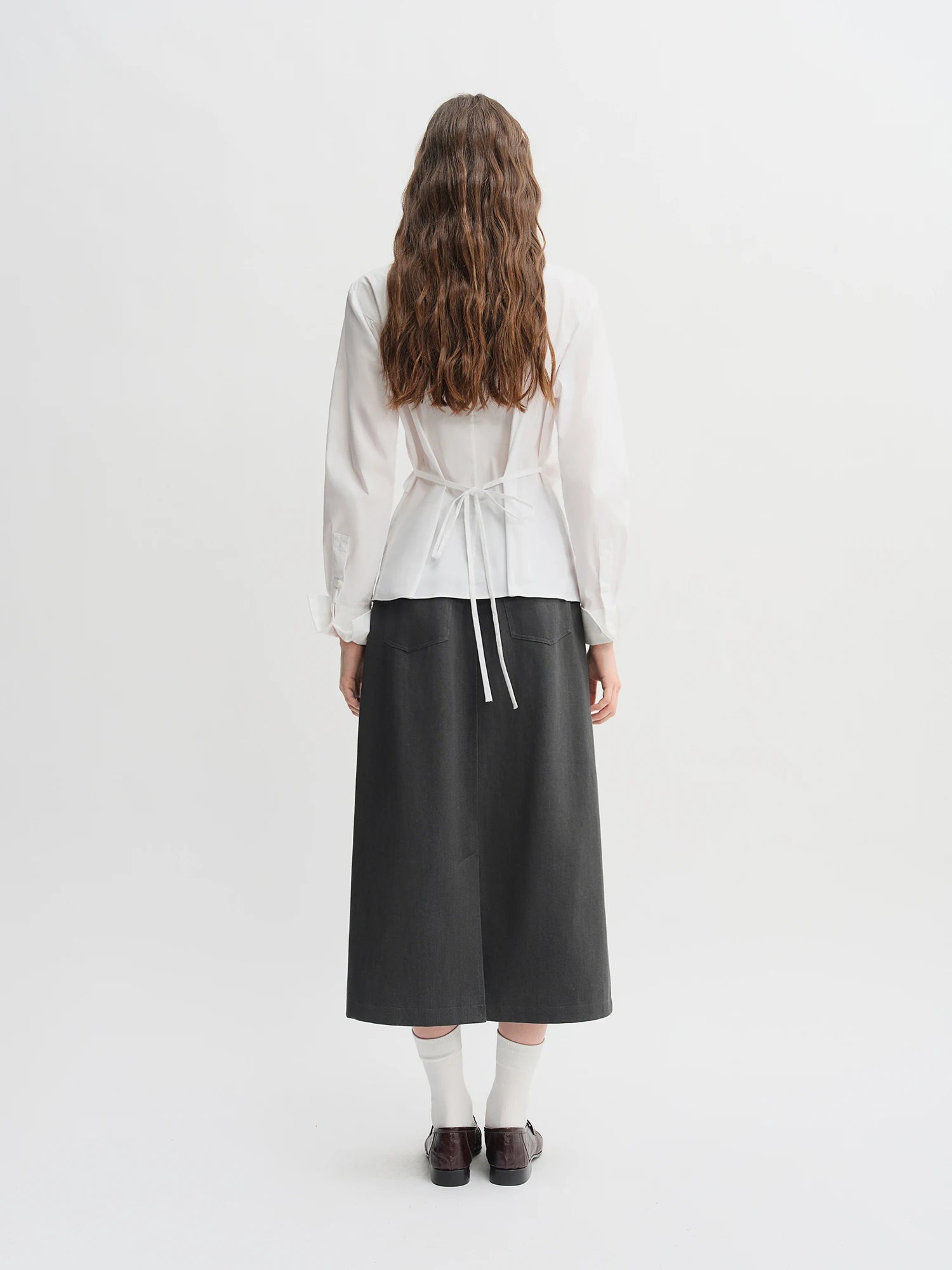 DUSHU Pleated Tie Waist Tricolor Shirt 2025 Autumn New Shirt Slim Tops A-line Skirts Women Suits