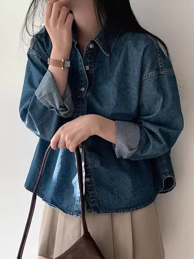 Women's Denim Shirt Korean Sle Early Spring Outfit Vintage Collar Loose Design Casual Shirt Long Sleeve Polo Collar Pure Color