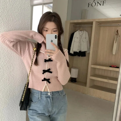 Gentle Sweet Bow Knit Cardigan For Women Autumn Fashion Women's Long Sleeve Slim Sweater Korean Style Female Cardigan Coat