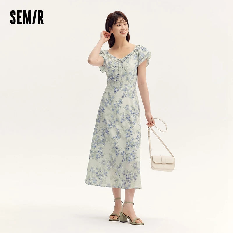 Semir Dress Women Square Neckline Ruffled Trim And Short Flutter Sleeve 2024 Summer New Fresh And Delicate Chiffon Floral Dress