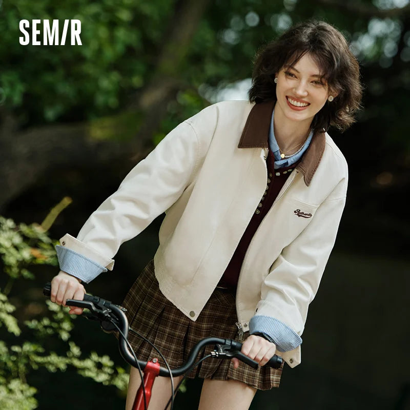 Semir Coat Women Petite Salt Versatile Trendy Loose Autumn 2024 New Color-Blocking Collar Retro Jacket