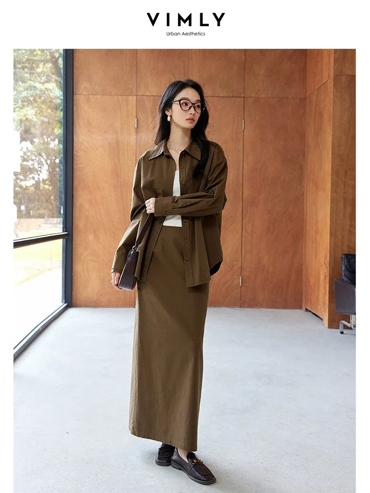 VIMLY 2 Piece Set Women's Office Lady Skirt Set Autumn Button Down Shirt Loose Shirt+Back Hem Slit A-Line Skirts Simple Suit