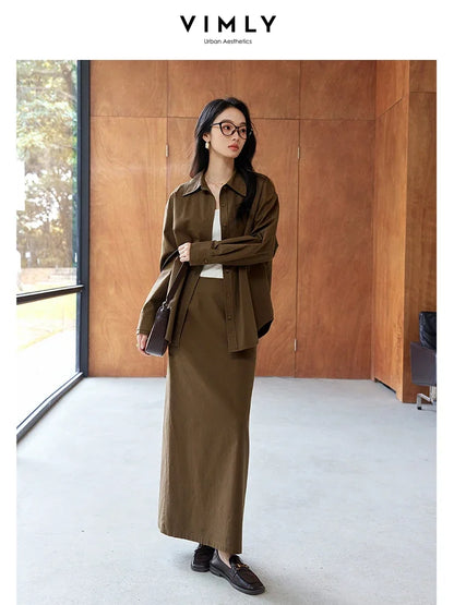 VIMLY 2 Piece Set Women's Office Lady Skirt Set Autumn Button Down Shirt Loose Shirt+Back Hem Slit A-Line Skirts Simple Suit