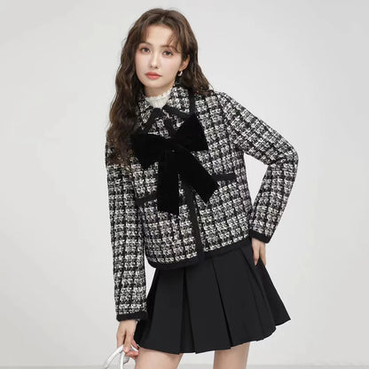 Vintage Bow Tweed Jackets Women Autumn Korean Elegant Single Breasted Lapel Coats Y2K Ladies Winter Thick Warm Crop Outerwear