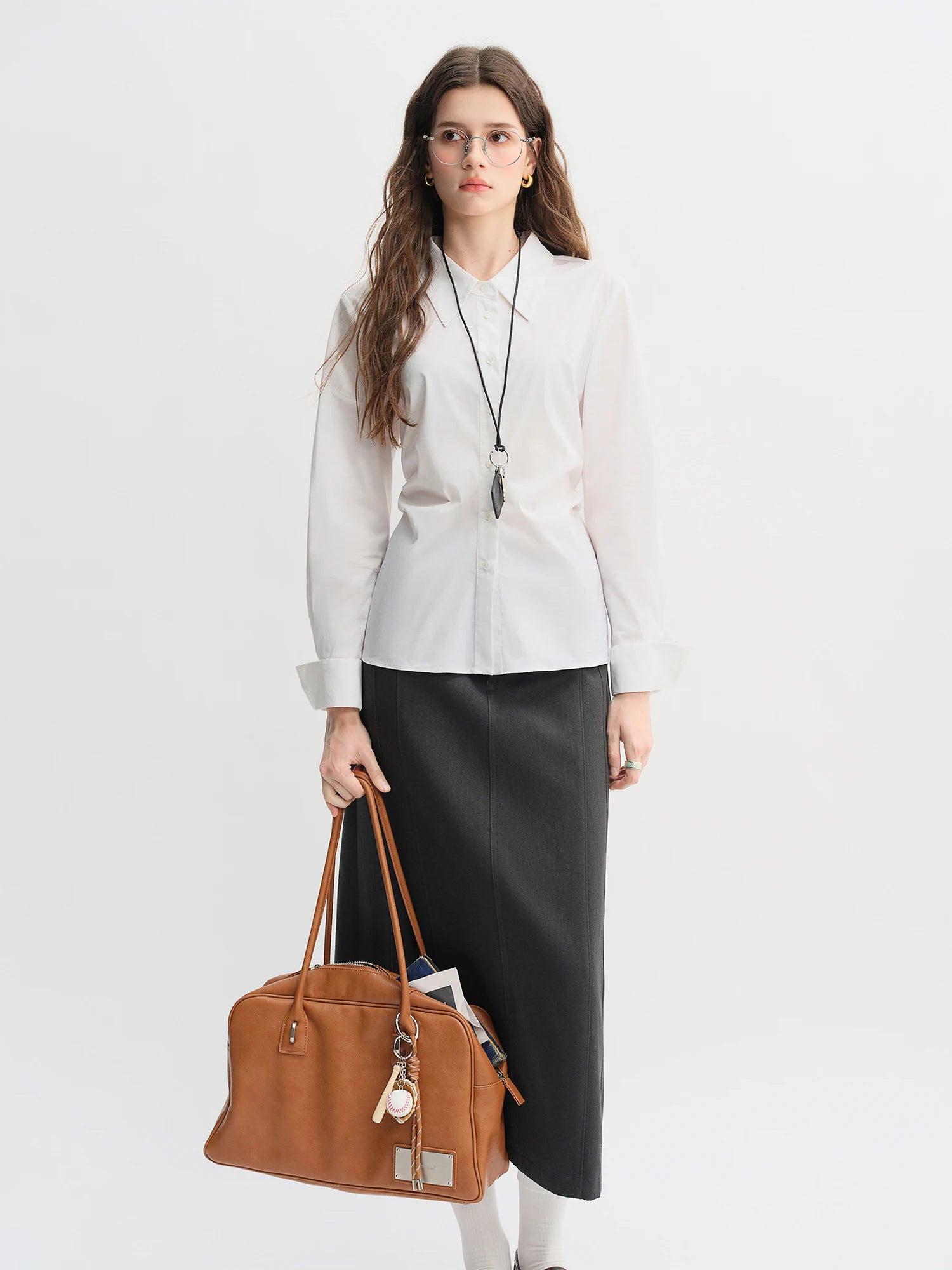 DUSHU Pleated Tie Waist Tricolor Shirt 2025 Autumn New Shirt Slim Tops A-line Skirts Women Suits