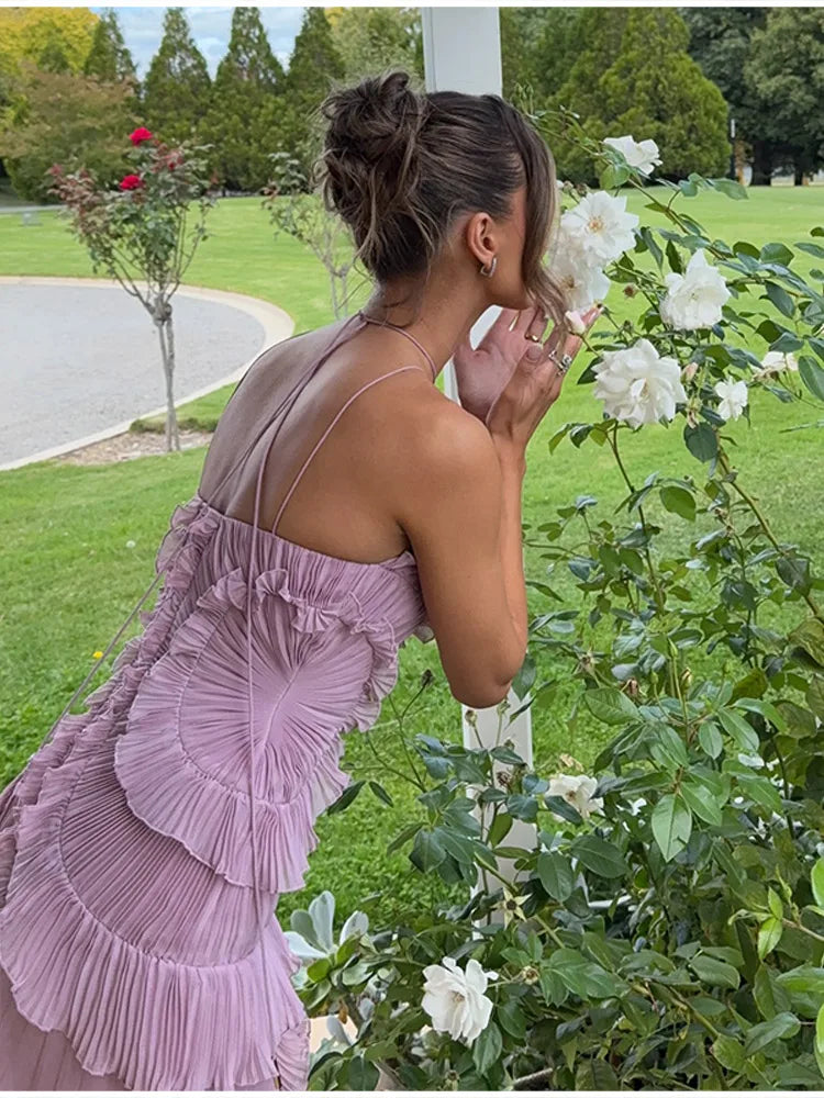Chic pleated halter neck Lotus Edge Maxi Dress