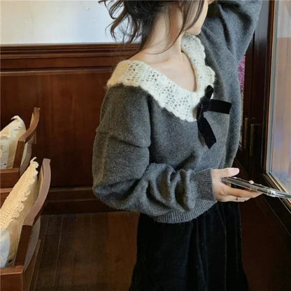 Deeptown Korean Style Sweaters Women Kawaii Sweet Elegant Knited Pullovers Grey Bow Vintage Patchwork Autumn Winter Sweaters