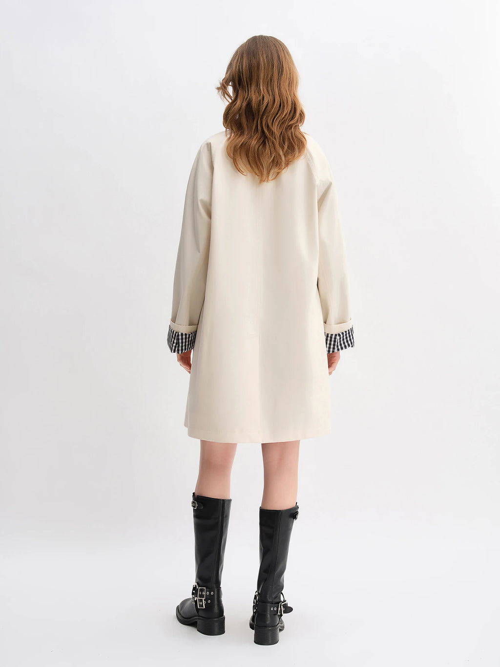 DUSHU Autumn 2025 Women's Stand Collar Trench Coat - Relaxed Fit Plaid Patchwork Loose Outerwear Casual Windbreaker Top