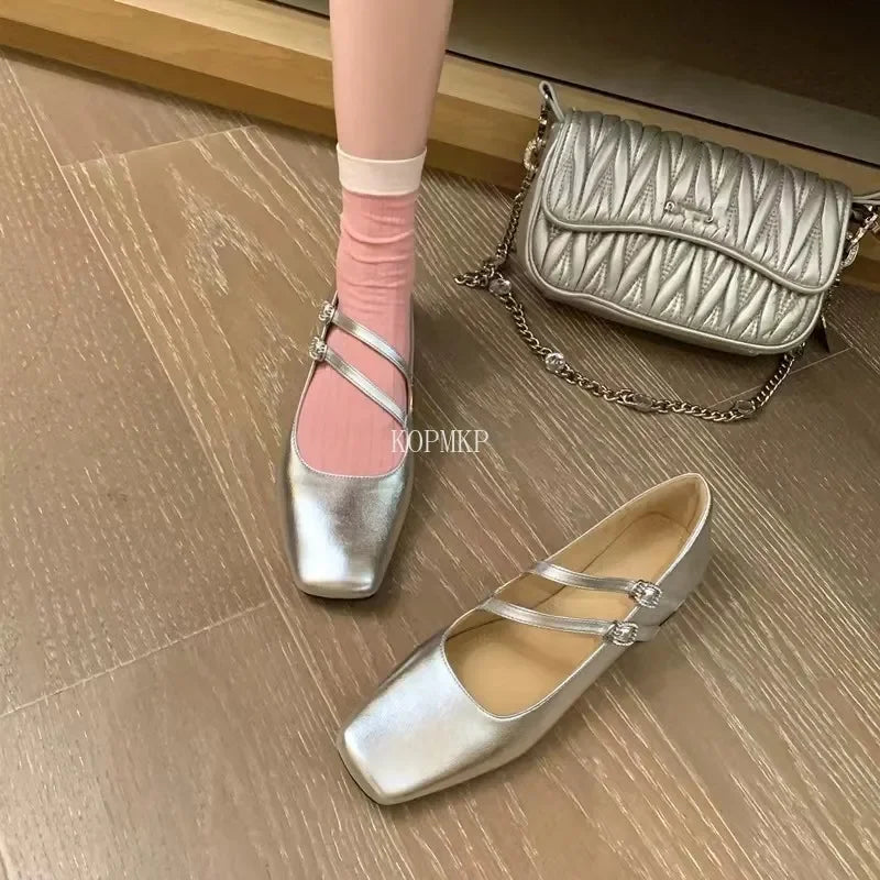 Designer Shoes Women's Flats Patent Leather Mary Janes Shoes Square Toe Double Buckle Red Low Heels Female Autumn Zaptos Mujer