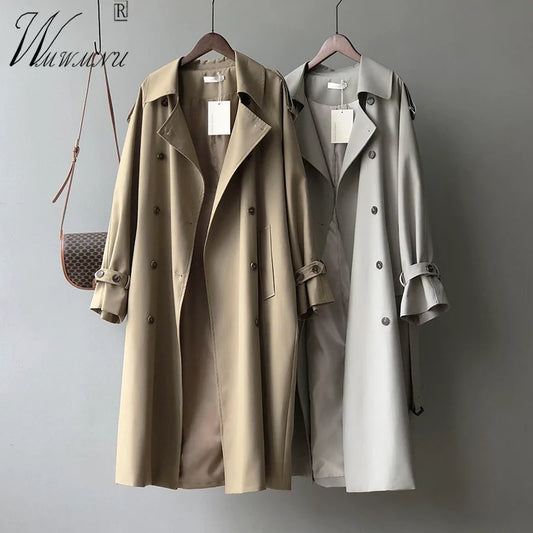 With Belt Long Trench Coats Women Big Size 80kg Korean Double Breasted Windbreaker Jackets Khaki Gabardinas Spring Fall Abrigos