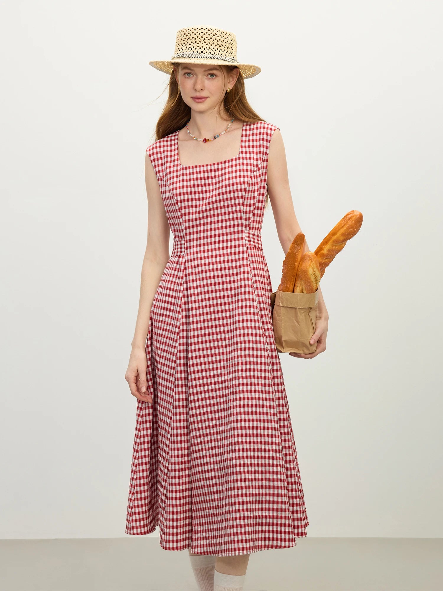 FSLE 2025 Summer New Red Plaid Dress Sleeveless Casual Style Female Summer Long Dress With Sashes High Waist Dress